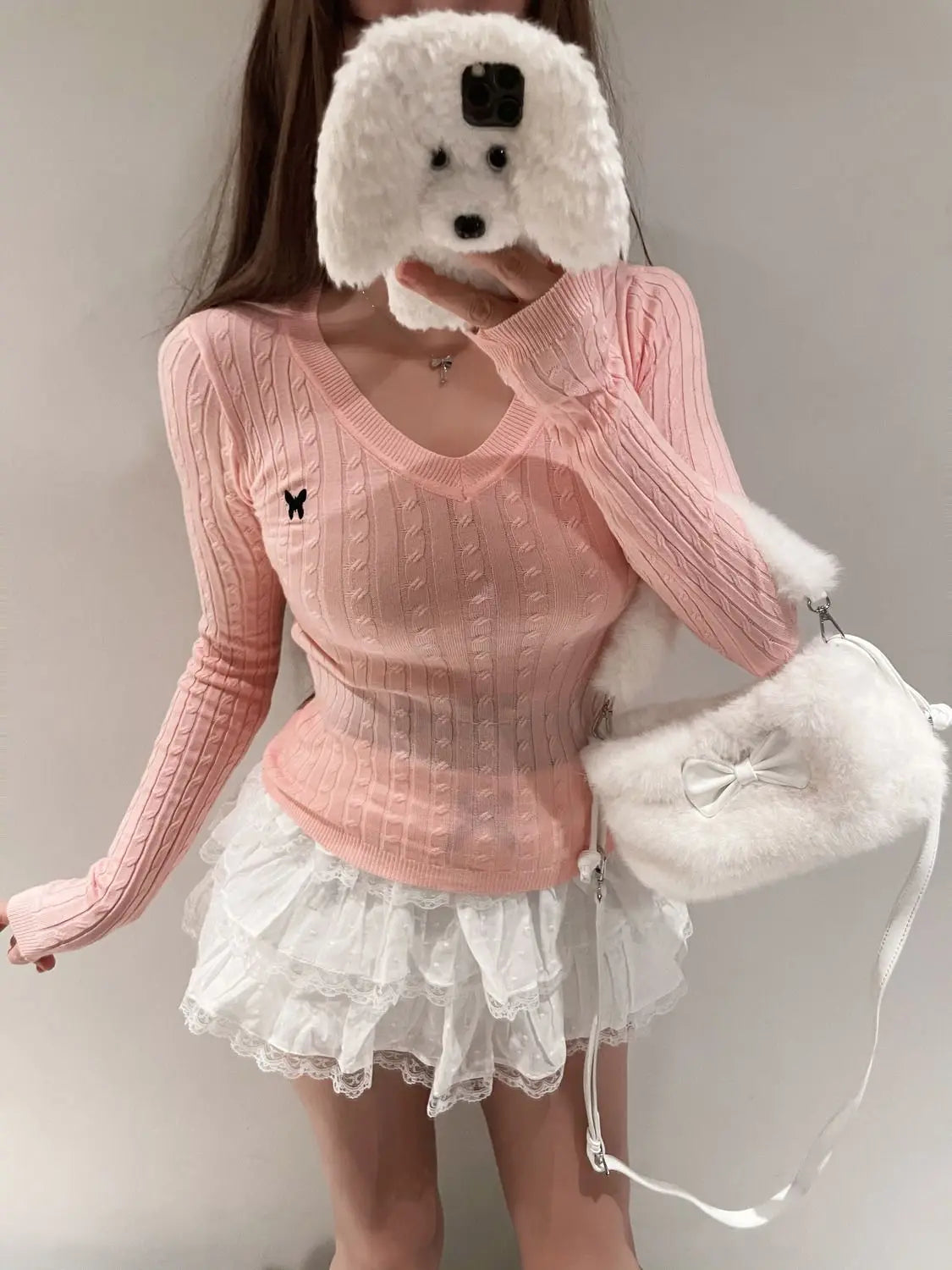 Casual V Neck White Pullovers Women Sweaters Autumn Winter Basic Long Sleeve Y2k Clothes Korean Pink Grey Ladies Tops Jumpers Whispering Desires Shoppe