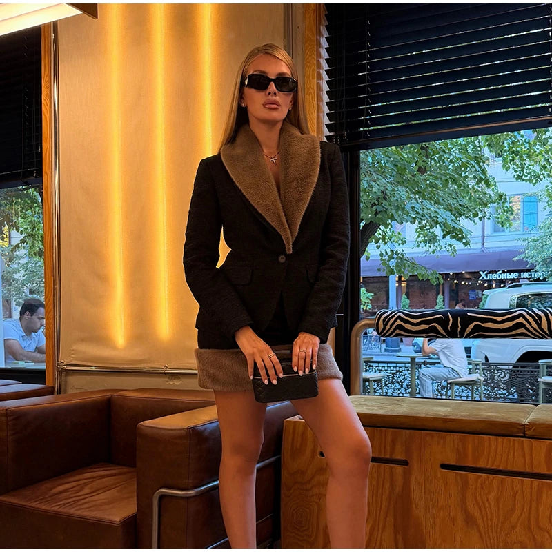 Women's Faux-Fur-Trim Blazer and Mini Skirt Set