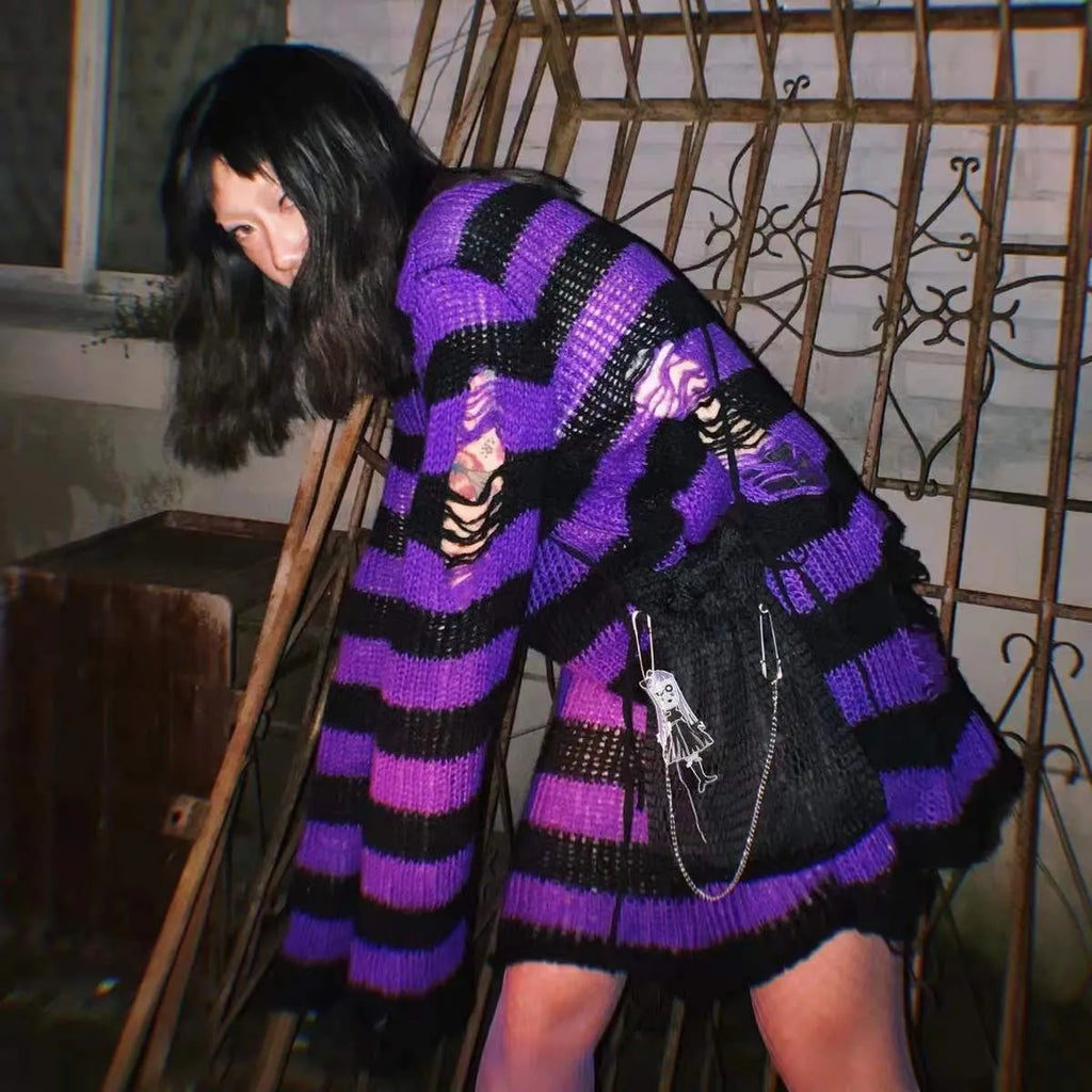 Karrram Punk Gothic Sweater Emo Tops E-girls Mall Goth Pullovers Y2k Harajuku Grunge Clothes Alt Dark Aesthetic Striped Jumpers Dsers
