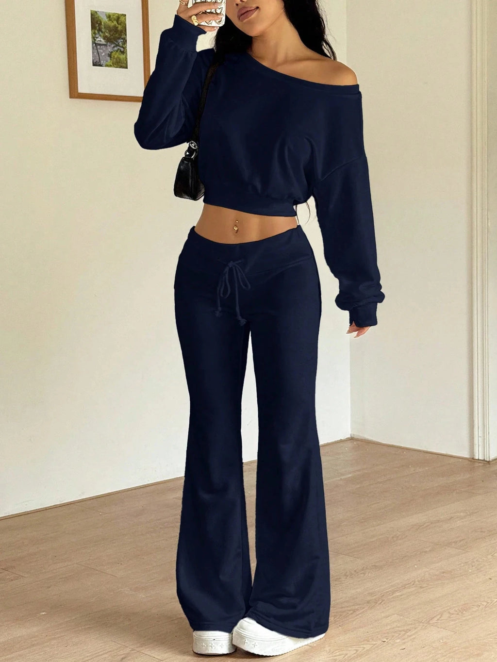 Women's Off-Shoulder Top and Flared Pants Set