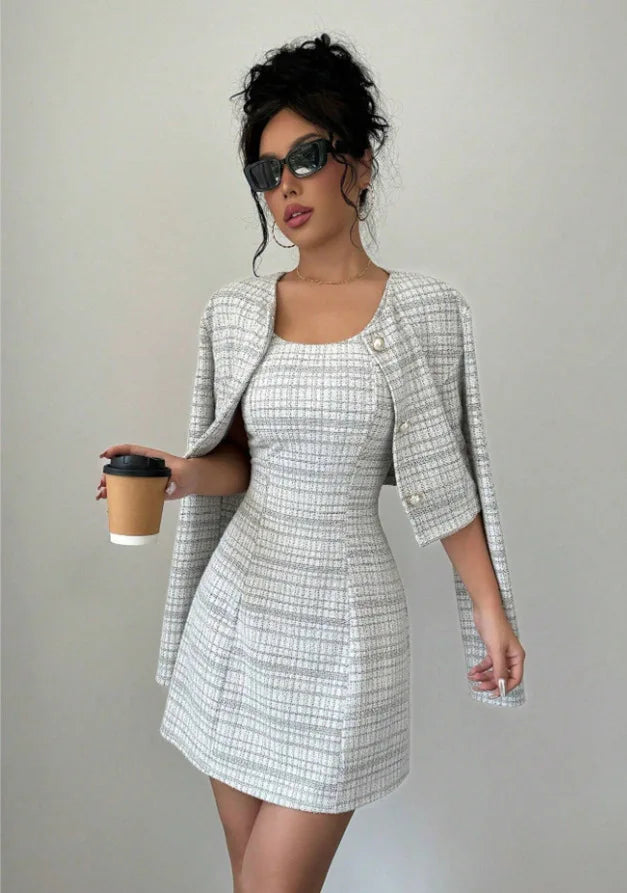 Women's Plaid Cropped Jacket and Corset-Style Dress Set