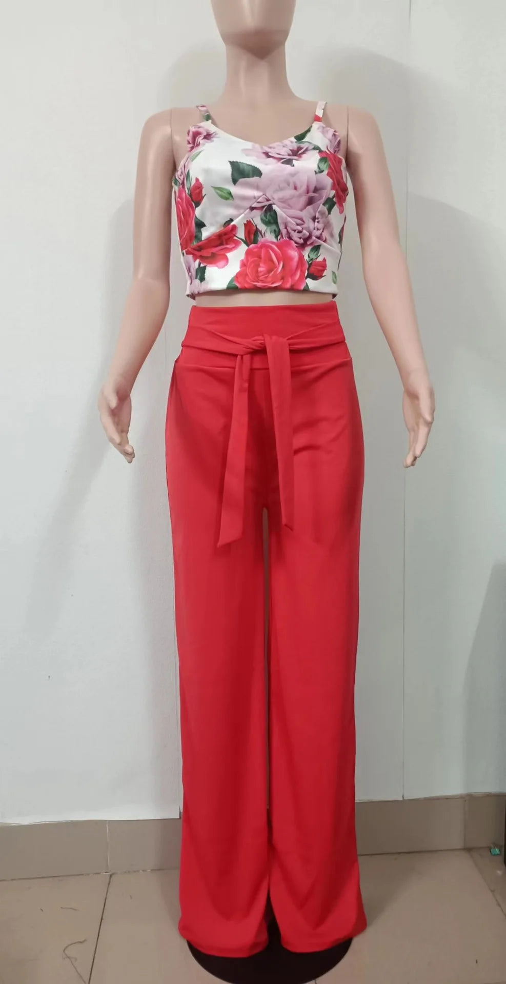 Women's Printed V-Neck Halter Top and Wide-Leg Pants Set
