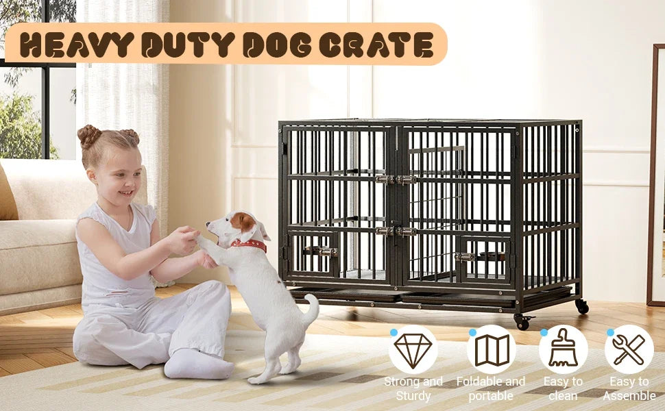 42" Metal Dog Crate with Wheels & Removable Tray