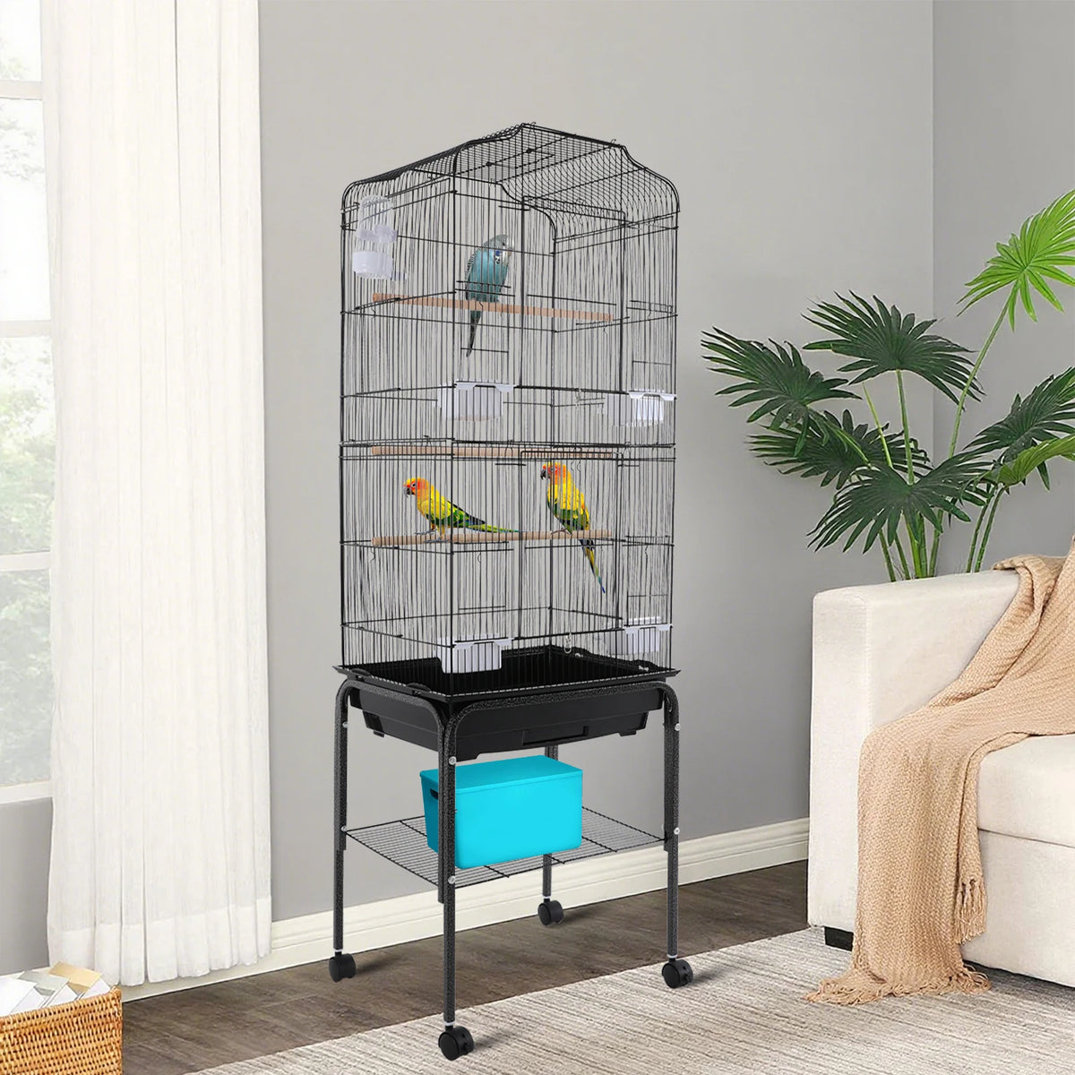 Bird Cage with Rolling Stand & Feeding Bowls
