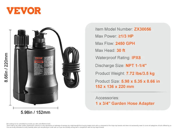 SucceBuy 1/3 HP 2450 GPH Submersible Utility Pump
