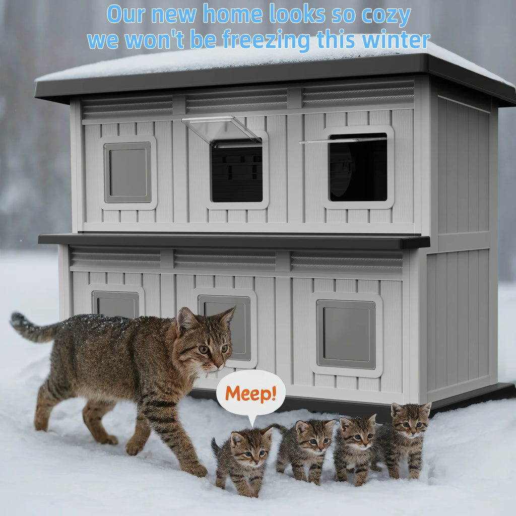 Two-Tier Resin Cat House with Access Doors
