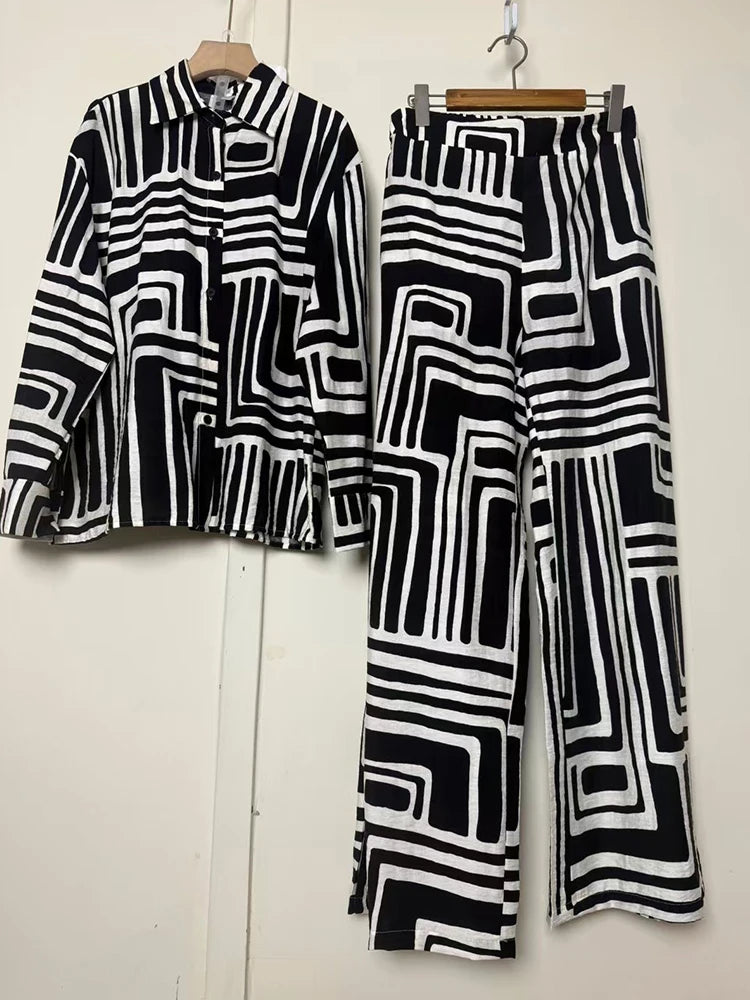 Women's Geometric Button-Up Shirt and Wide-Leg Pants Set