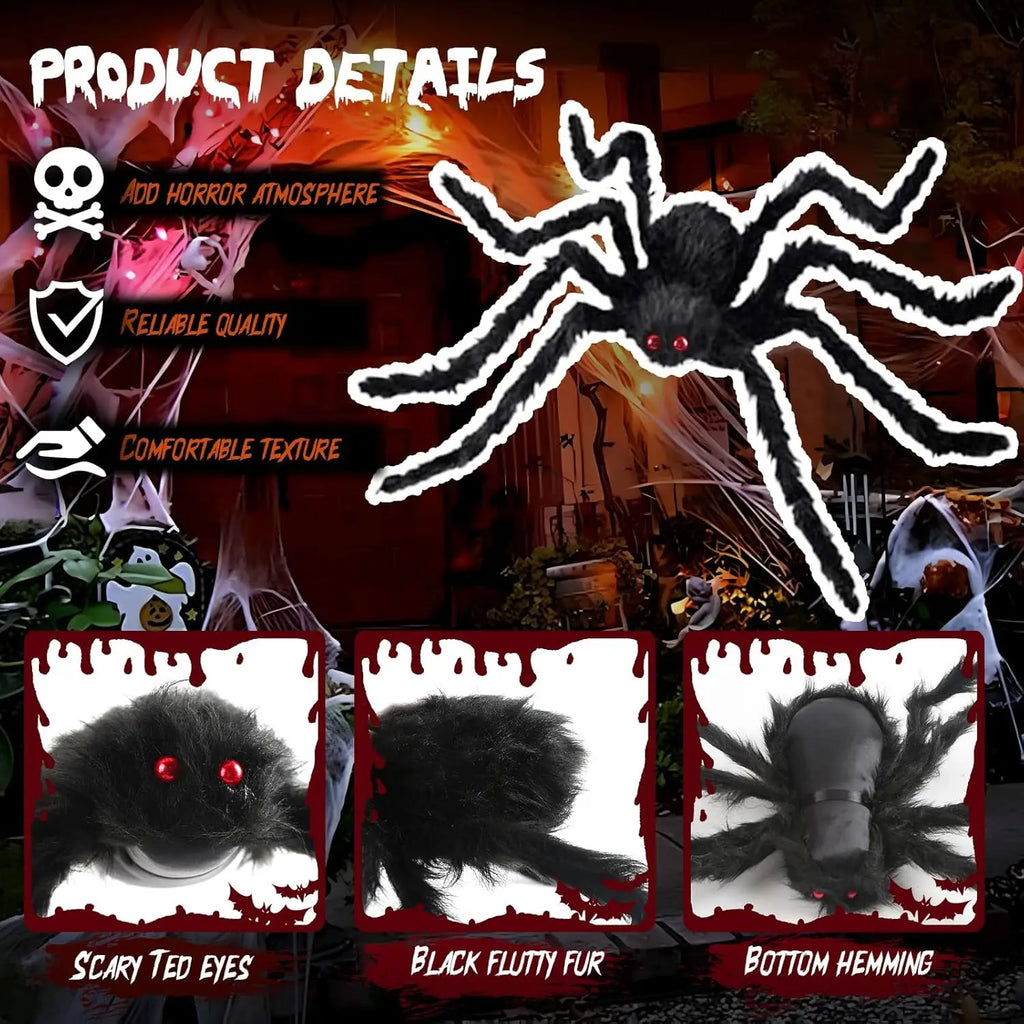 Black Plush Spider Halloween Decoration, 30–200 cm