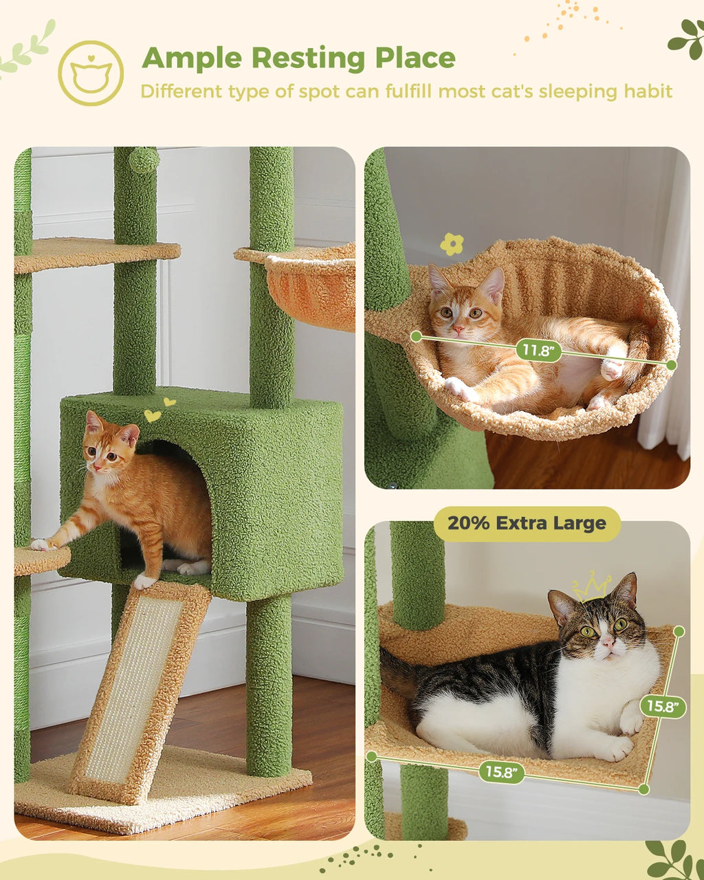 Cactus Cat Tree Floor to Ceiling Cat Tower Adjustable Height with Cat Condo Cozy Hammock and Scratching Post Tall Activity Tree Whispering Desires Shoppe