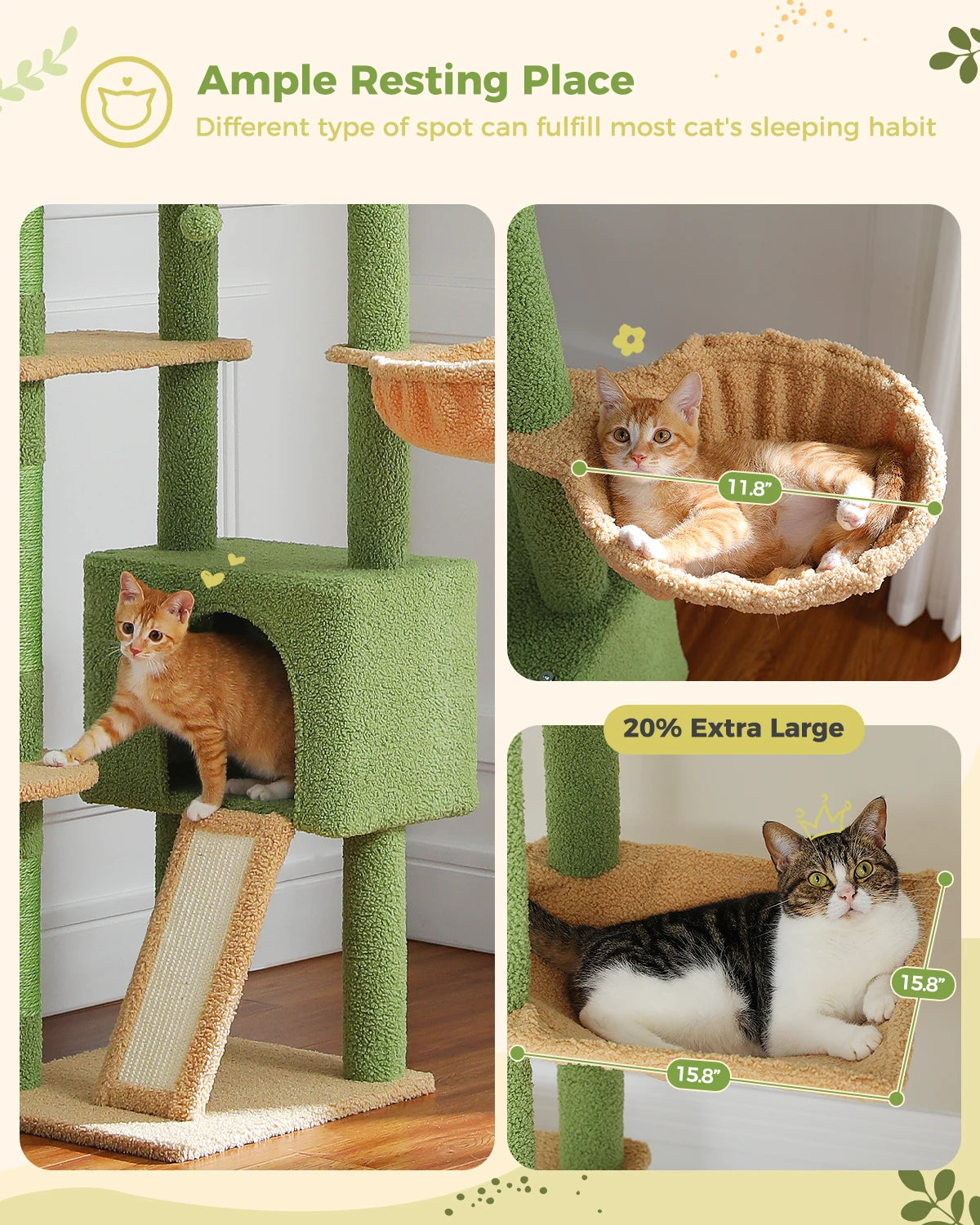 Cactus Cat Tree Floor to Ceiling Cat Tower Adjustable Height with Cat Condo Cozy Hammock and Scratching Post Tall Activity Tree Whispering Desires Shoppe