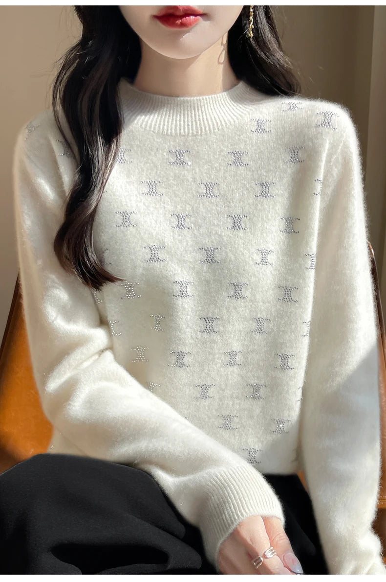 Women Fine Wool Thickening Sweater Half-high Collar Leaf studded With Diamonds Pullover Female Knitted Basis Tops Autumn Winter Dsers