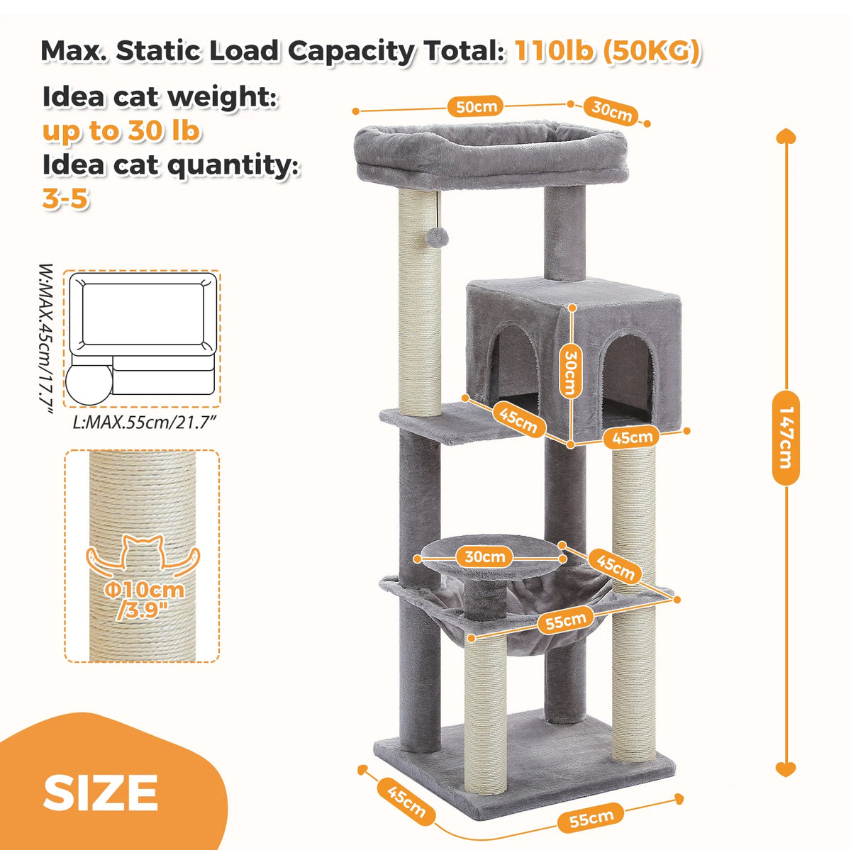 147cm Cat Tree with Large Condo & Hammock