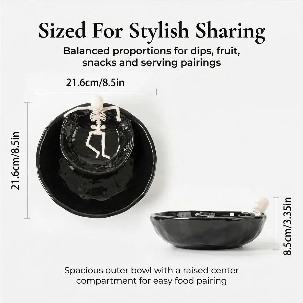 Skull-Shaped Ceramic Chip and Dip Bowl — 8.5 Inch