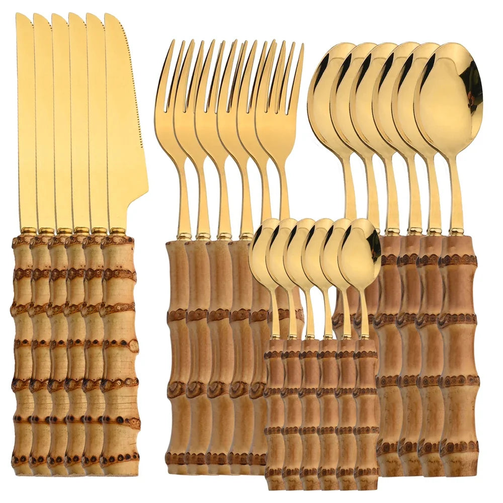 JANKNG Bamboo-Handle Flatware — 24 Pieces
