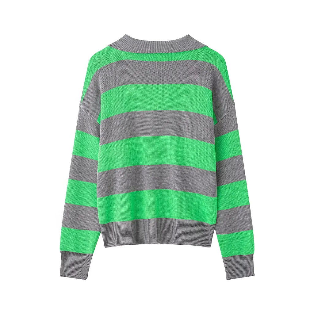 Striped Polo-Collar Long-Sleeve Sweater