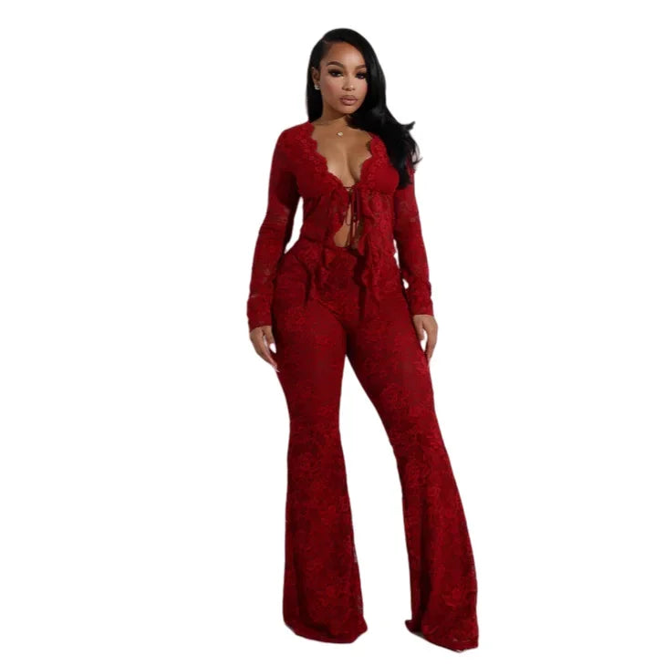 Sheer Lace Long-Sleeve Top & Flared Pants Set
