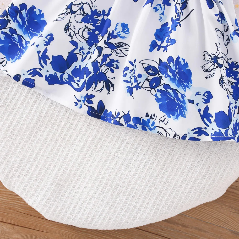 Baby Girl Blue Bow Floral Summer Dress with Hairband
