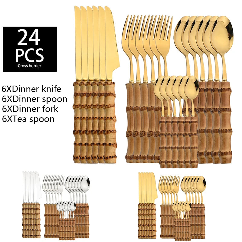 JANKNG Bamboo-Handle Flatware — 24 Pieces