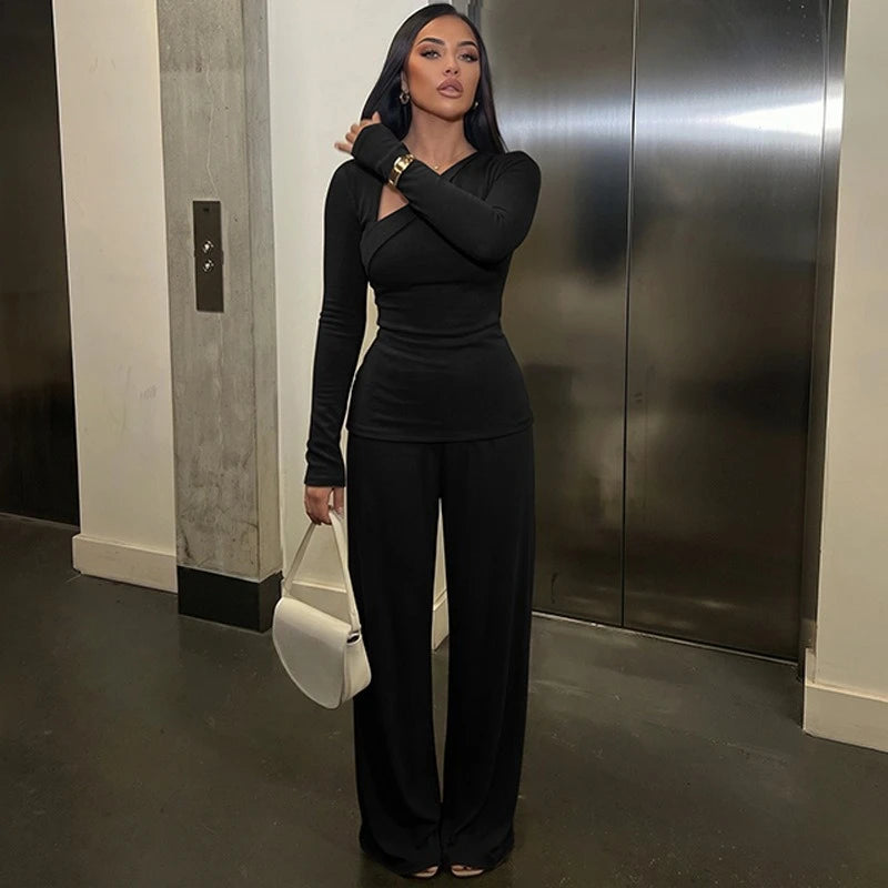 Women's Asymmetric Long-Sleeve Top and Flared Pants Set