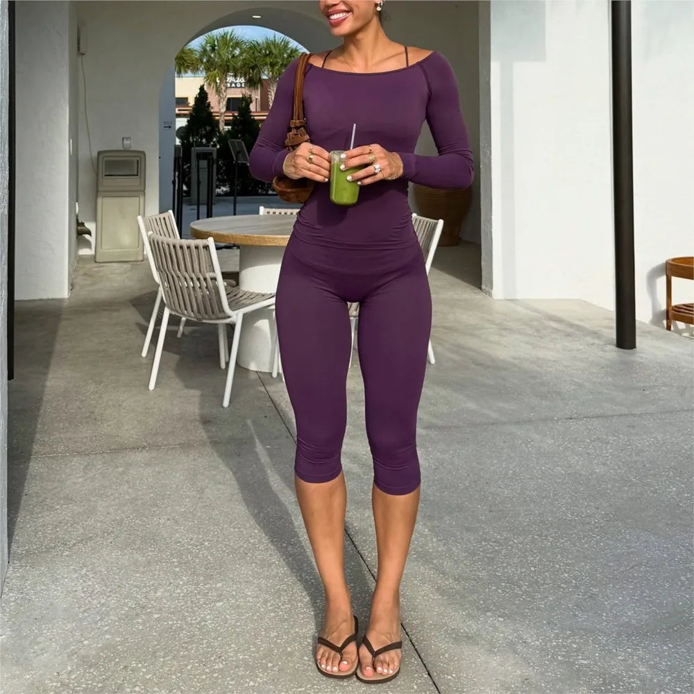 Women's Slash-Neck Top and Cropped Pants Set