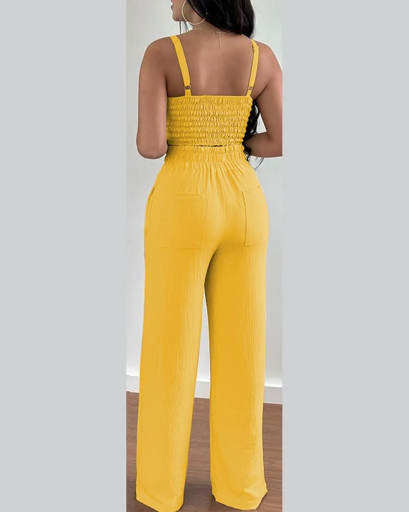 Women's Printed V-Neck Halter Top and Wide-Leg Pants Set