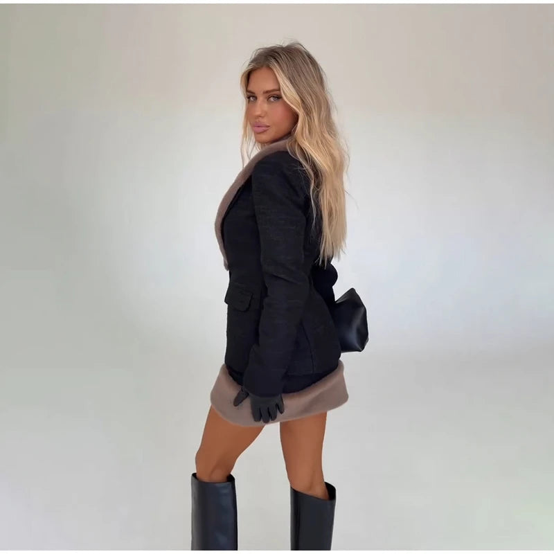 Women's Faux-Fur-Trim Blazer and Mini Skirt Set