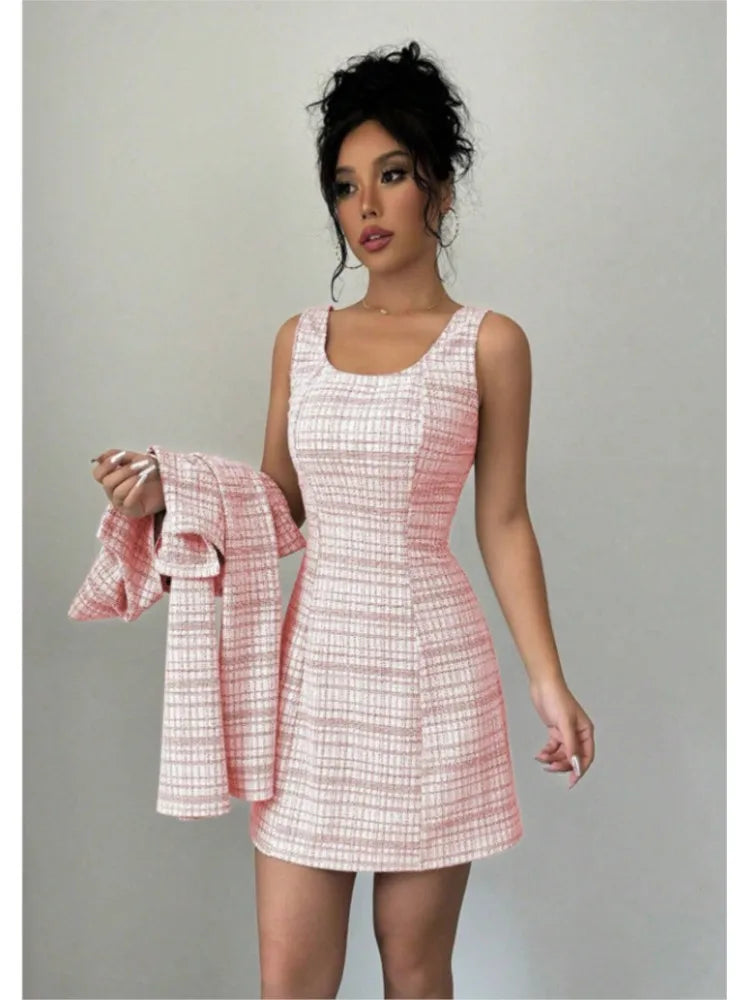 Women's Plaid Cropped Jacket and Corset-Style Dress Set
