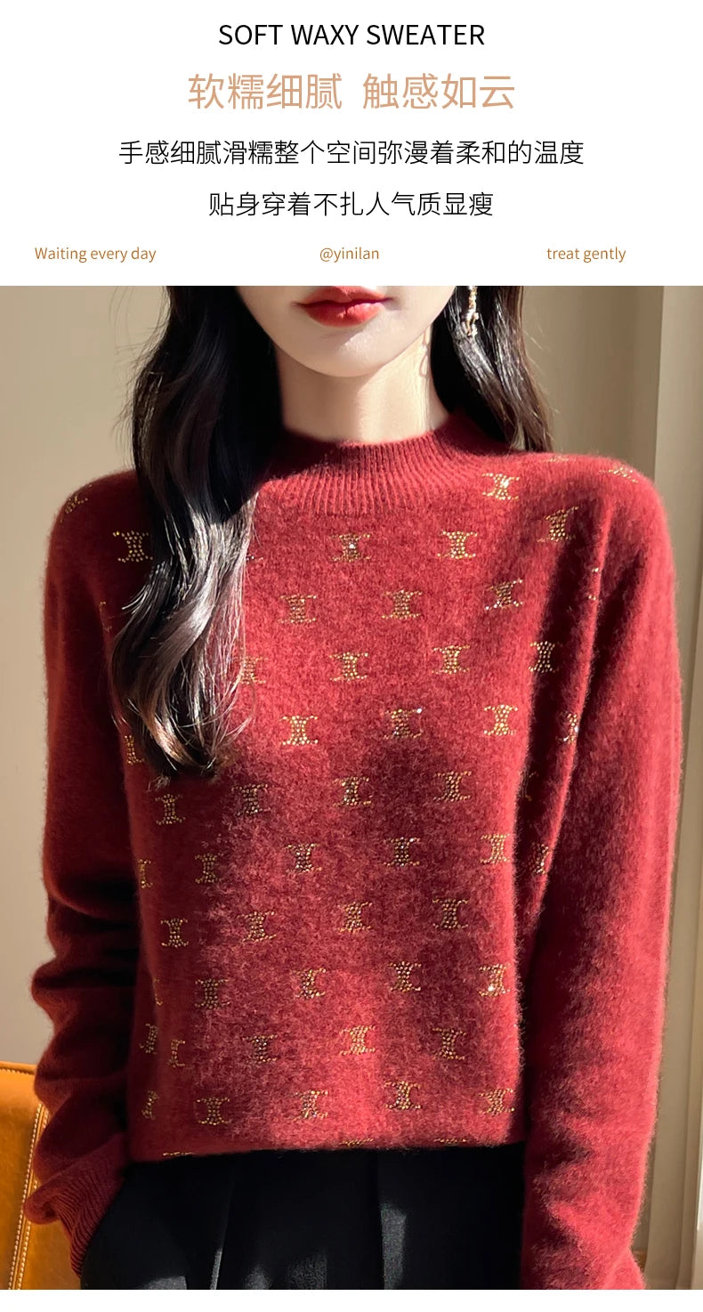 Women Fine Wool Thickening Sweater Half-high Collar Leaf studded With Diamonds Pullover Female Knitted Basis Tops Autumn Winter Dsers