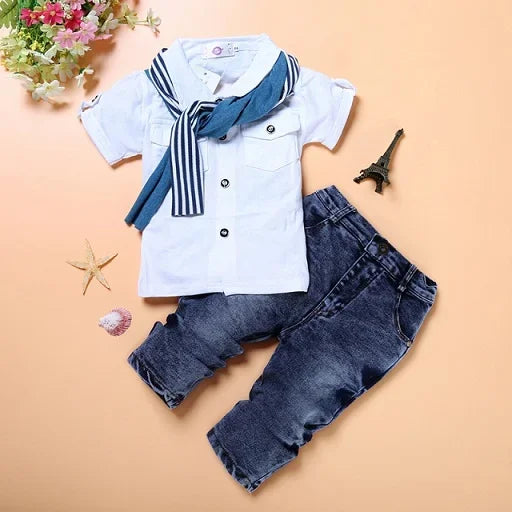 2-7 Years Kids Clothes Boys Outfit Summer Children's Clothing Boy Sets Cotton Short Sleeve O-Neck Tops+Jeans+Scarf Baby Costume Whispering Desires Shoppe