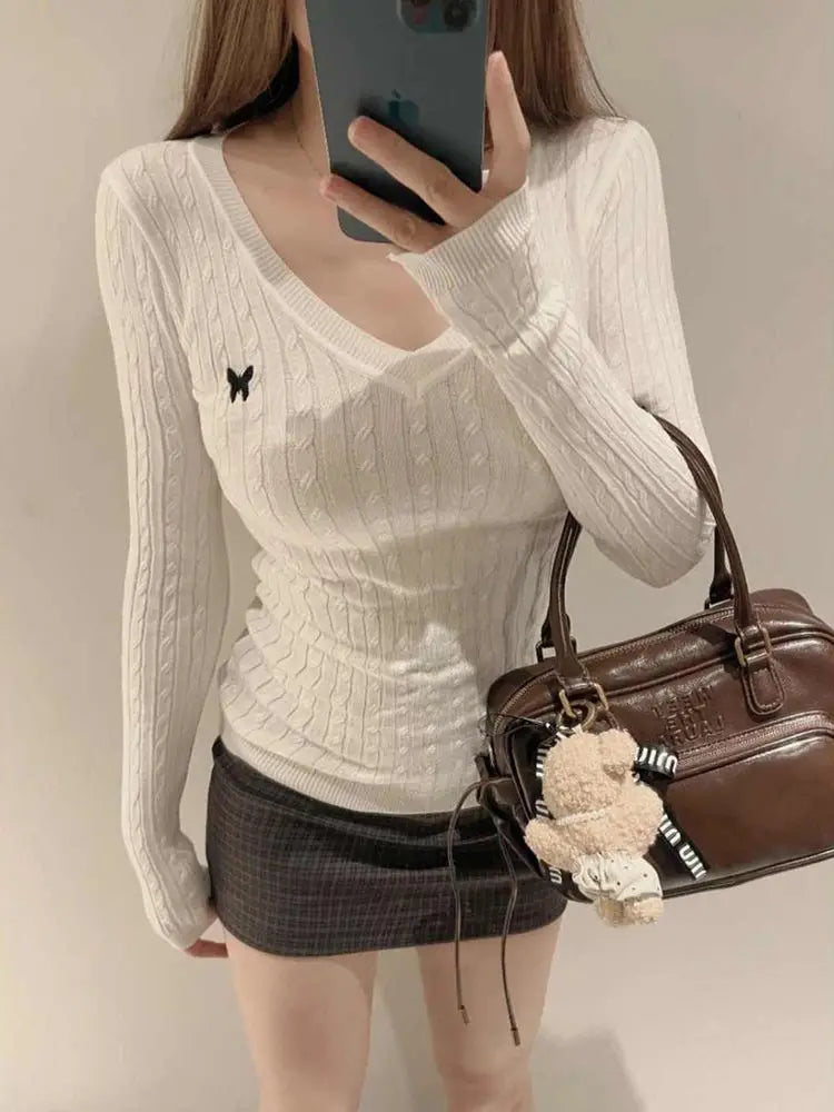 Casual V Neck White Pullovers Women Sweaters Autumn Winter Basic Long Sleeve Y2k Clothes Korean Pink Grey Ladies Tops Jumpers Whispering Desires Shoppe