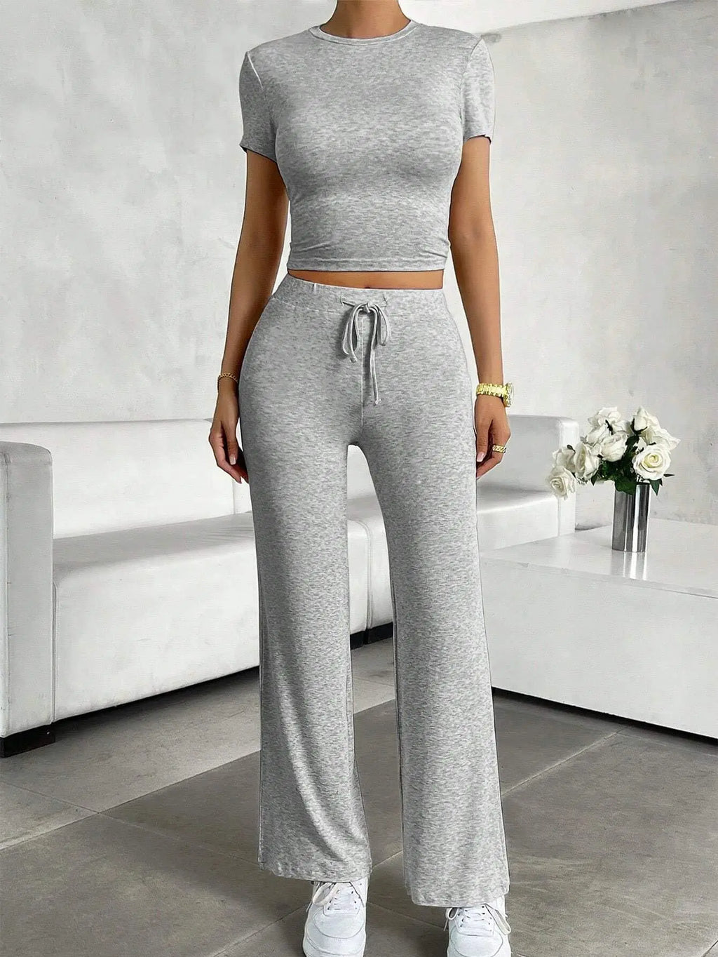 Solid Short-Sleeve Top & Pants Set