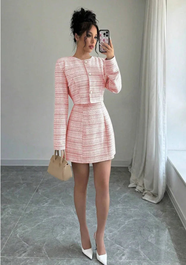 Women's Plaid Cropped Jacket and Corset-Style Dress Set