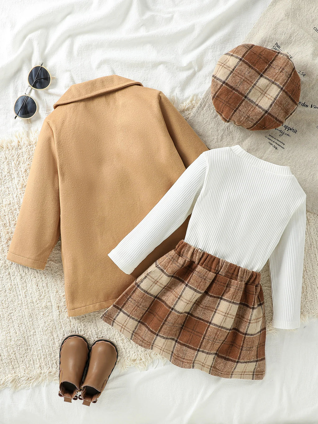 Girls' Four-Piece Autumn Outfit with Plaid Skirt