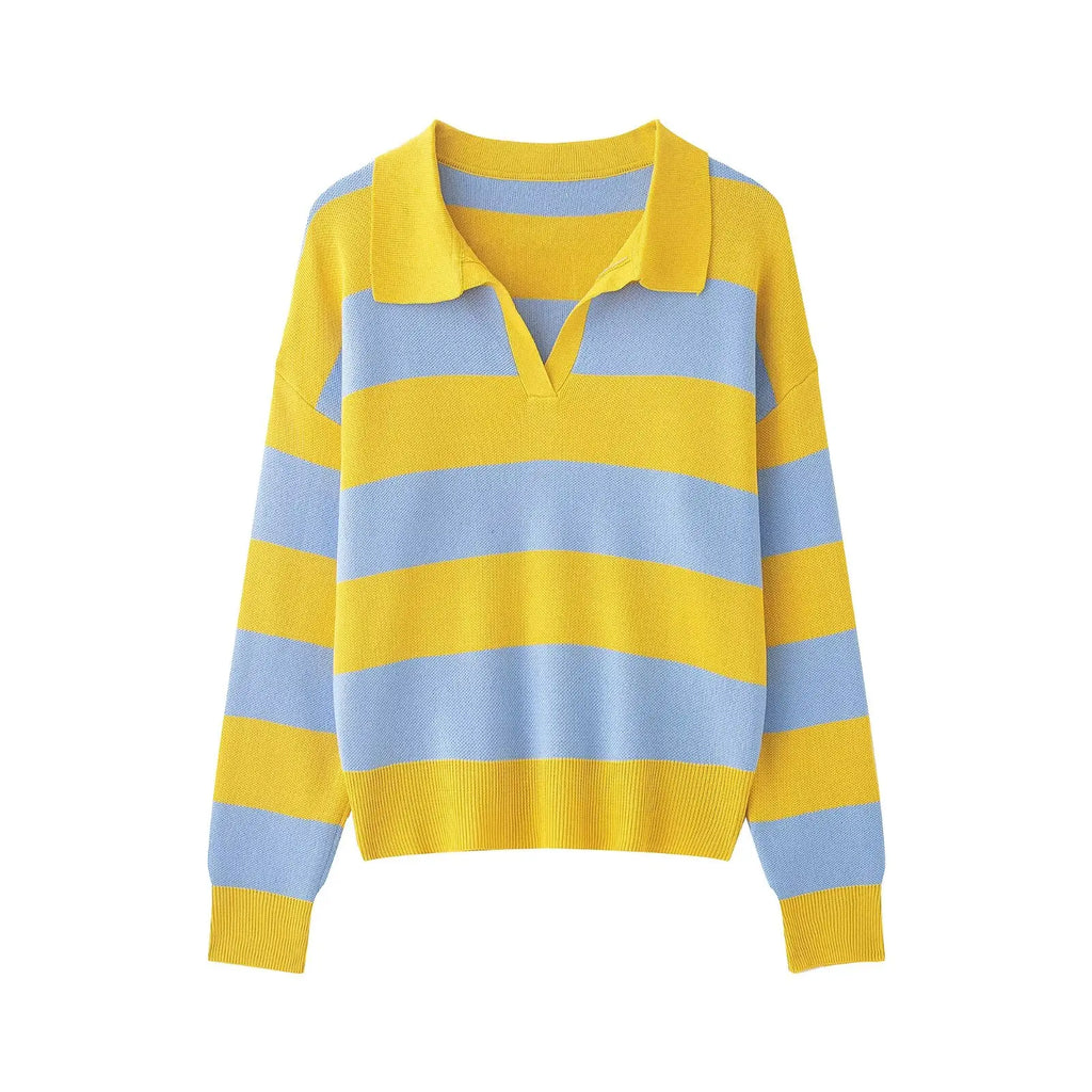 Striped Polo-Collar Long-Sleeve Sweater