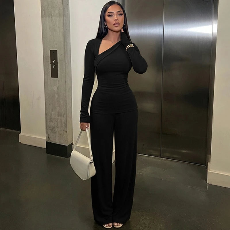 Women's Asymmetric Long-Sleeve Top and Flared Pants Set