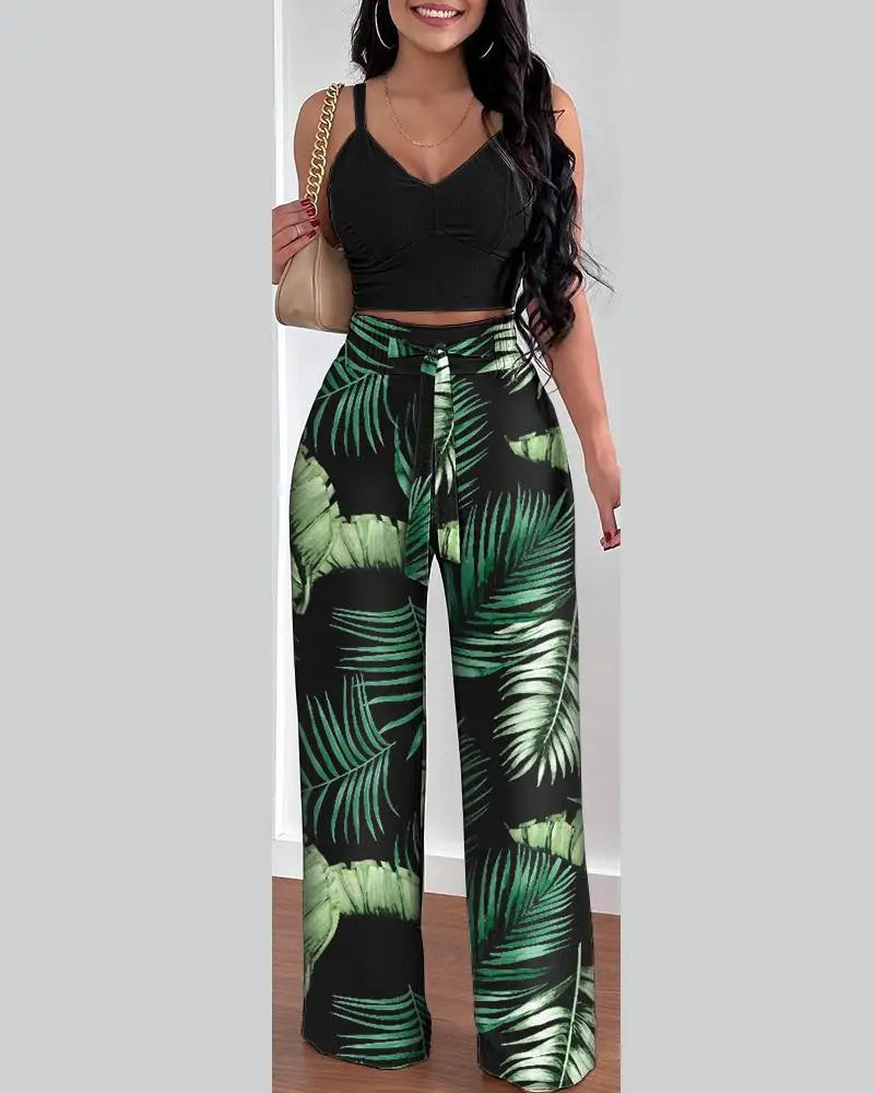 Women's Printed V-Neck Halter Top and Wide-Leg Pants Set