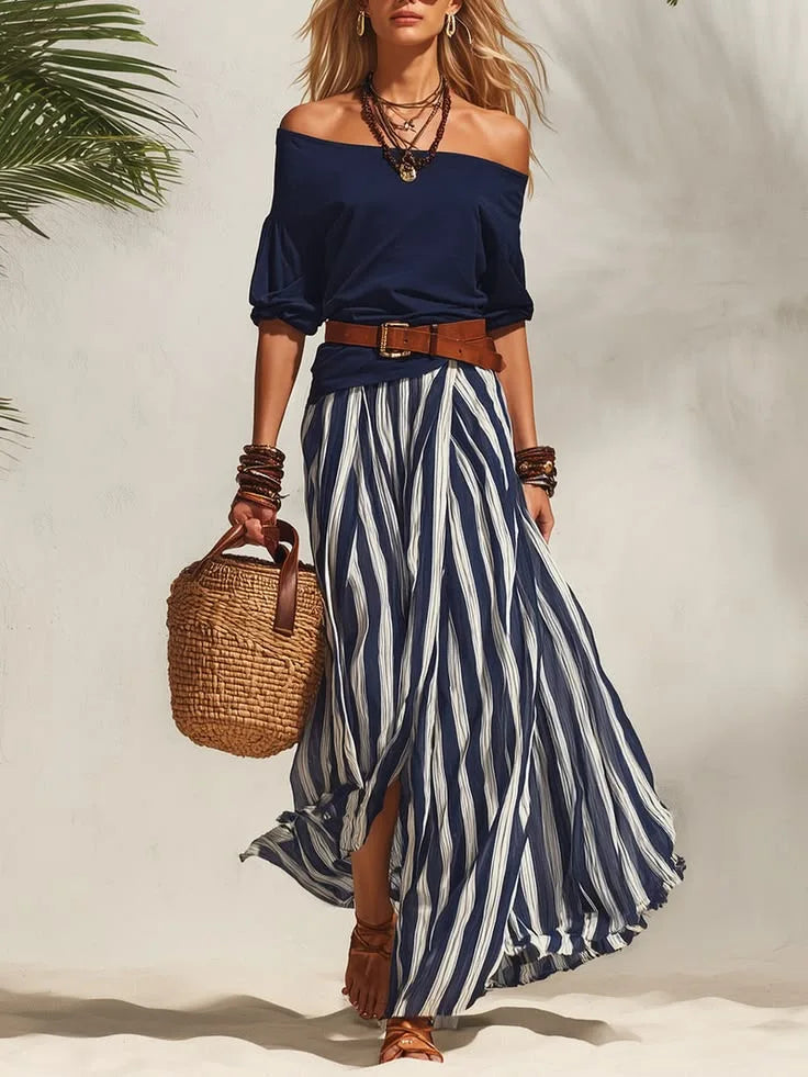 Off-Shoulder Puff-Sleeve Top & Maxi Skirt Set