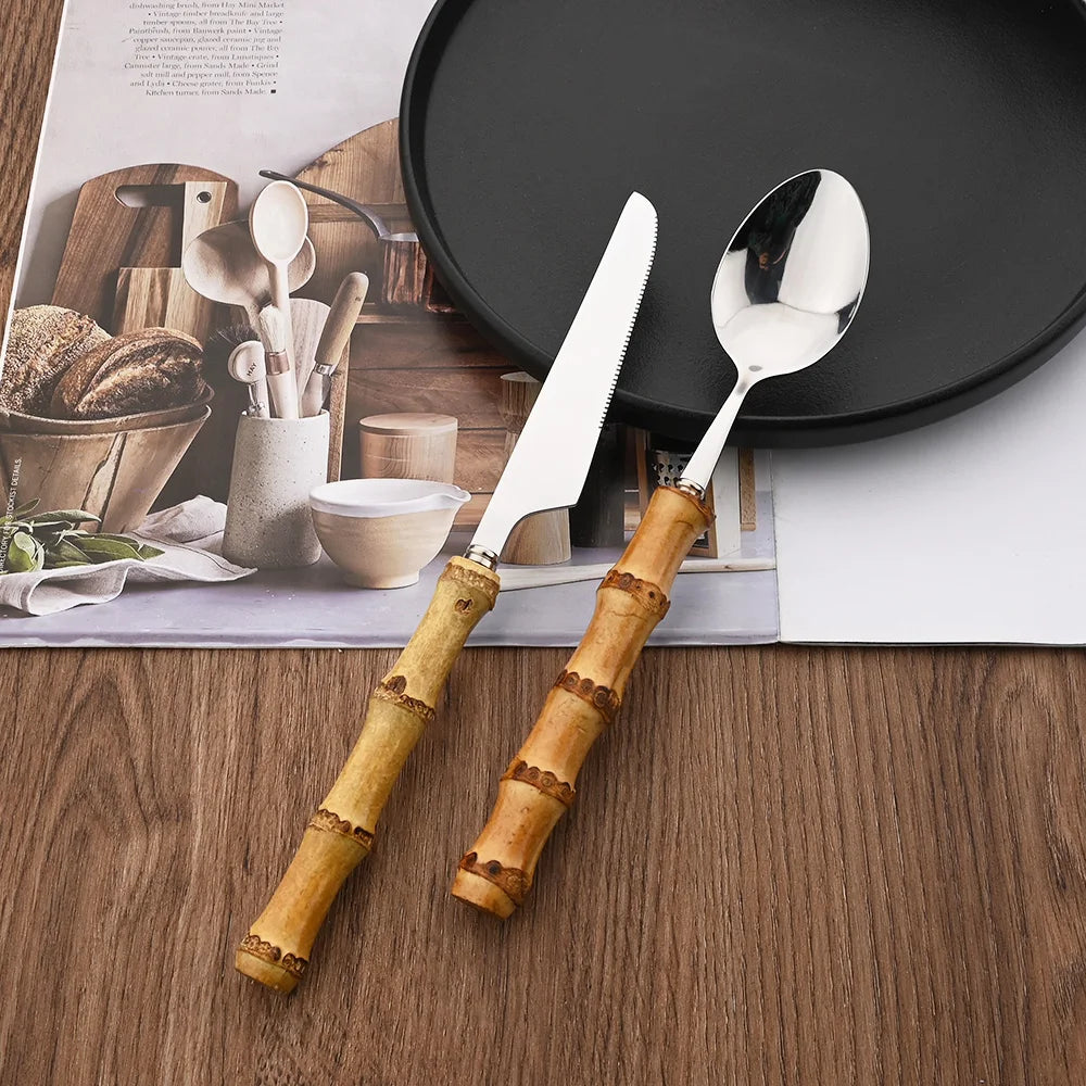 PINKTEN Bamboo-Handle Stainless Steel Flatware