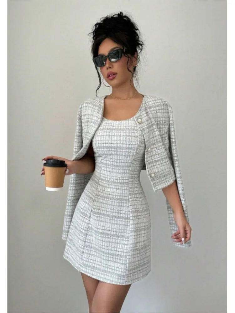 Women's Plaid Cropped Jacket and Corset-Style Dress Set