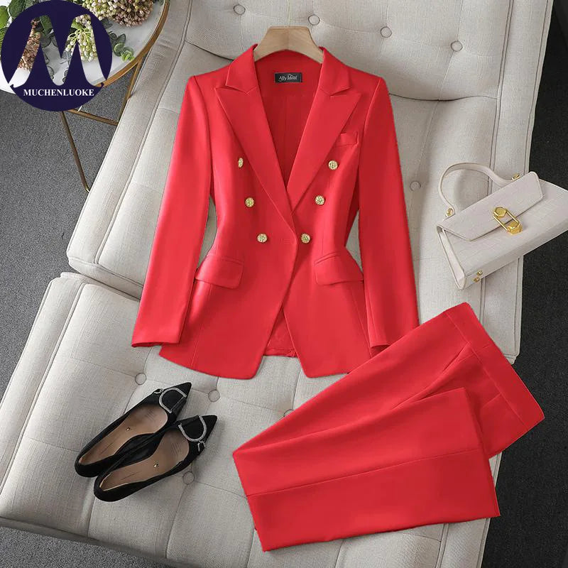 Women's Double-Breasted Blazer and Wide-Leg Pants Set