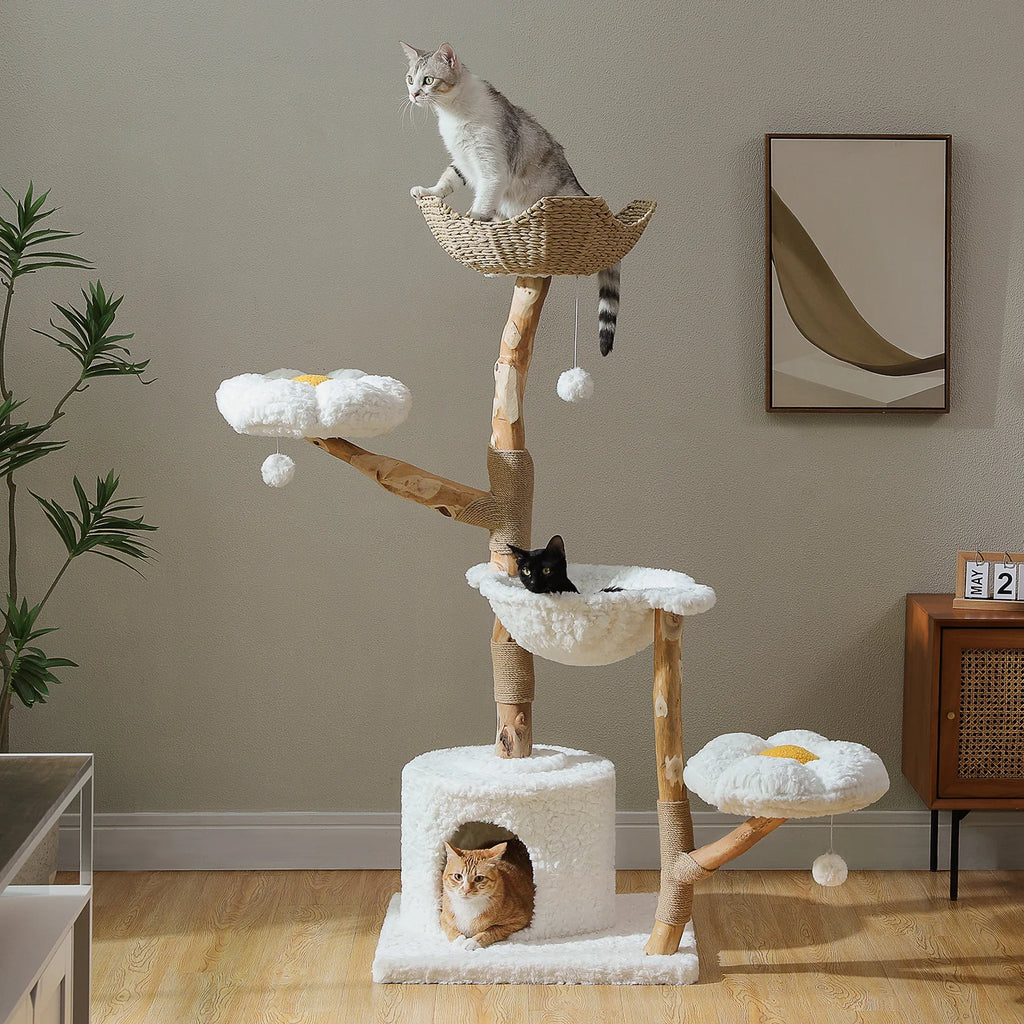 Flower Cat Tree with Wicker Basket Bed