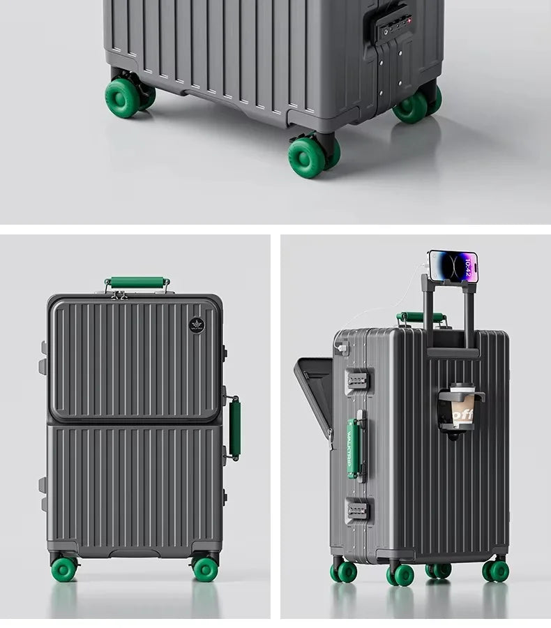 Front Opening Suitcase PC Material with Aluminum Frame TSA Lock Cup Holder Charging Port Colorful Wheels Travel Rolling Luggage Whispering Desires Shoppe