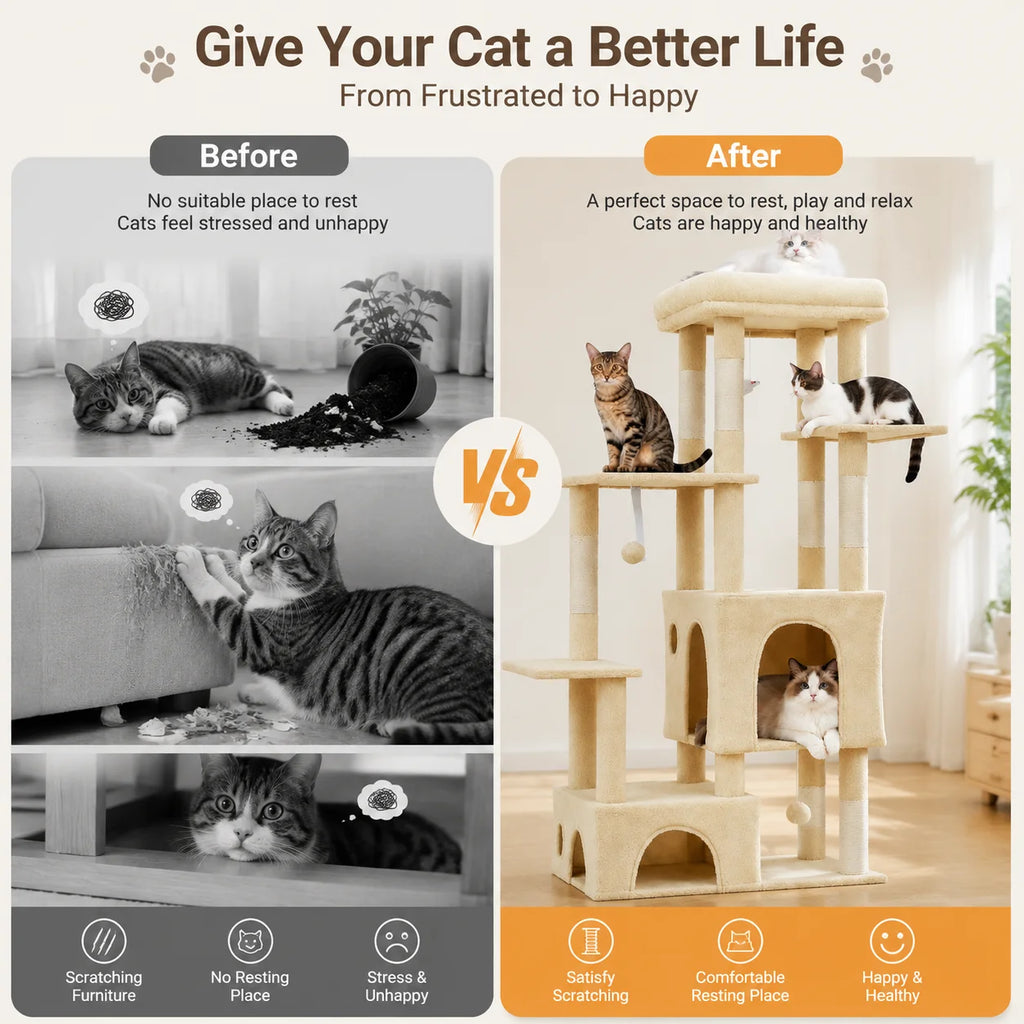 61" Cat Tree with Two Condos & Seven Scratching Posts