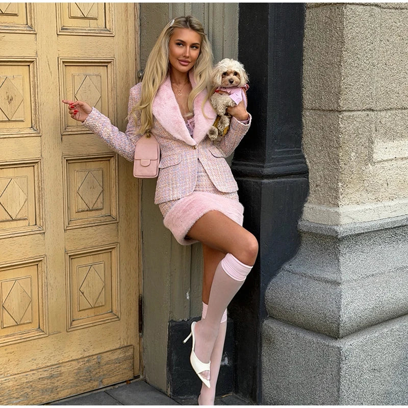 Women's Faux-Fur-Trim Blazer and Mini Skirt Set