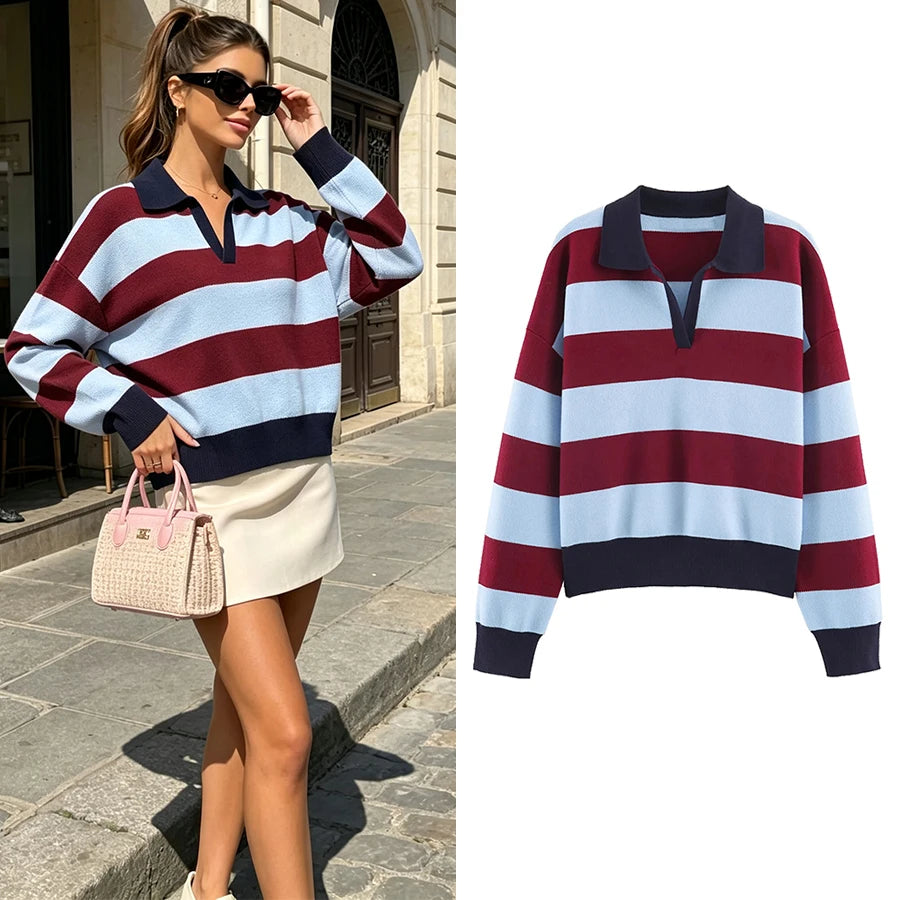 Striped Polo-Collar Long-Sleeve Sweater