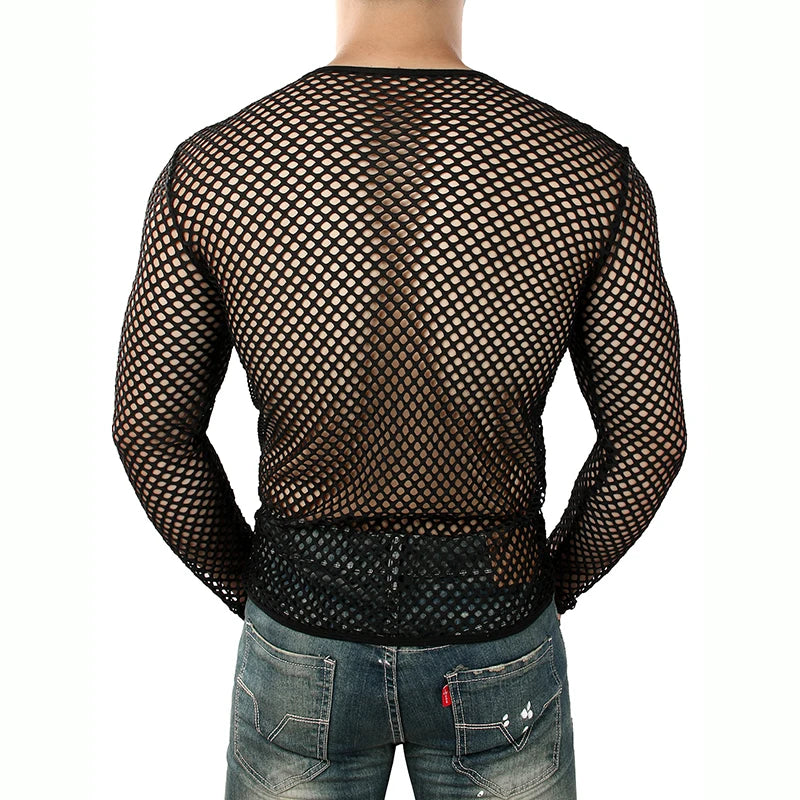Mens Transparent Sexy Mesh T Shirt  New See Through  Fishnet Long Sleeve Muscle Undershirts Nightclub Party Perform Top Tees Whispering Desires Shoppe