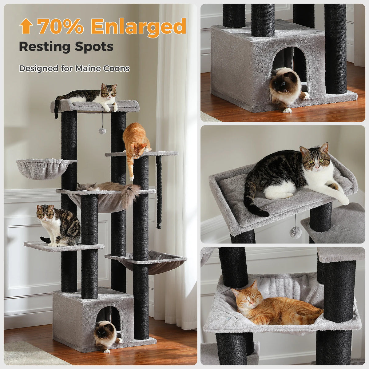 Large Cat Tree for Big Cats Robust Cat Tower with Several Levels Cat House Climbing Tree with Hammock 11 Sisal Posts Large Perch Whispering Desires Shoppe