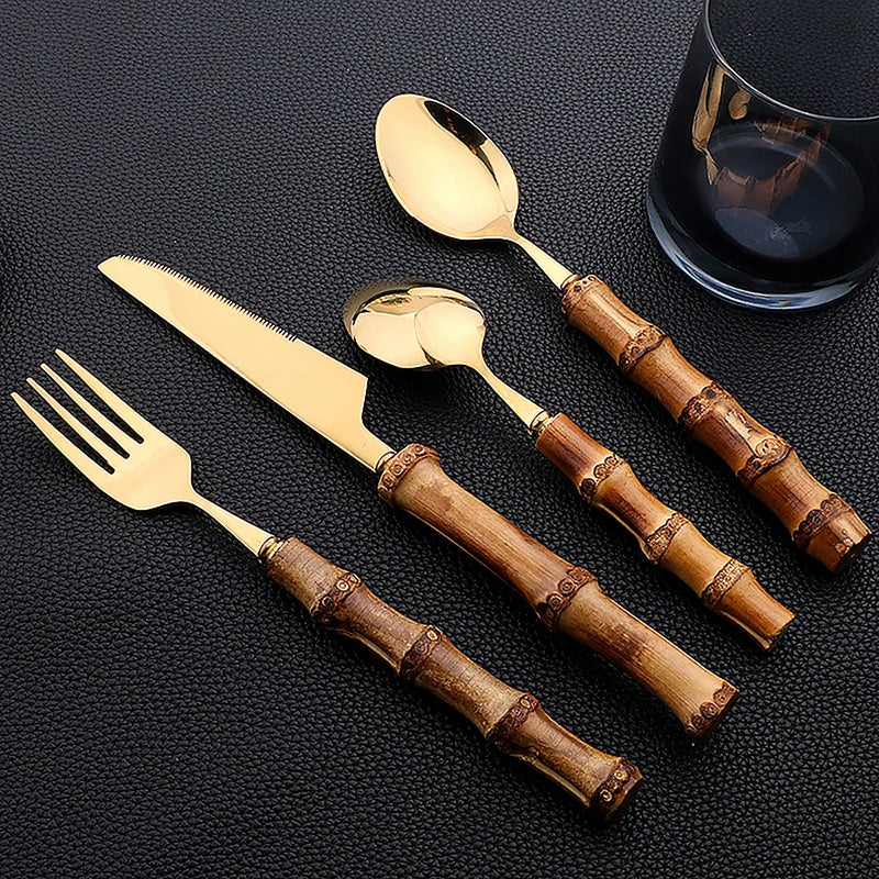 JANKNG Bamboo-Handle Flatware — 24 Pieces