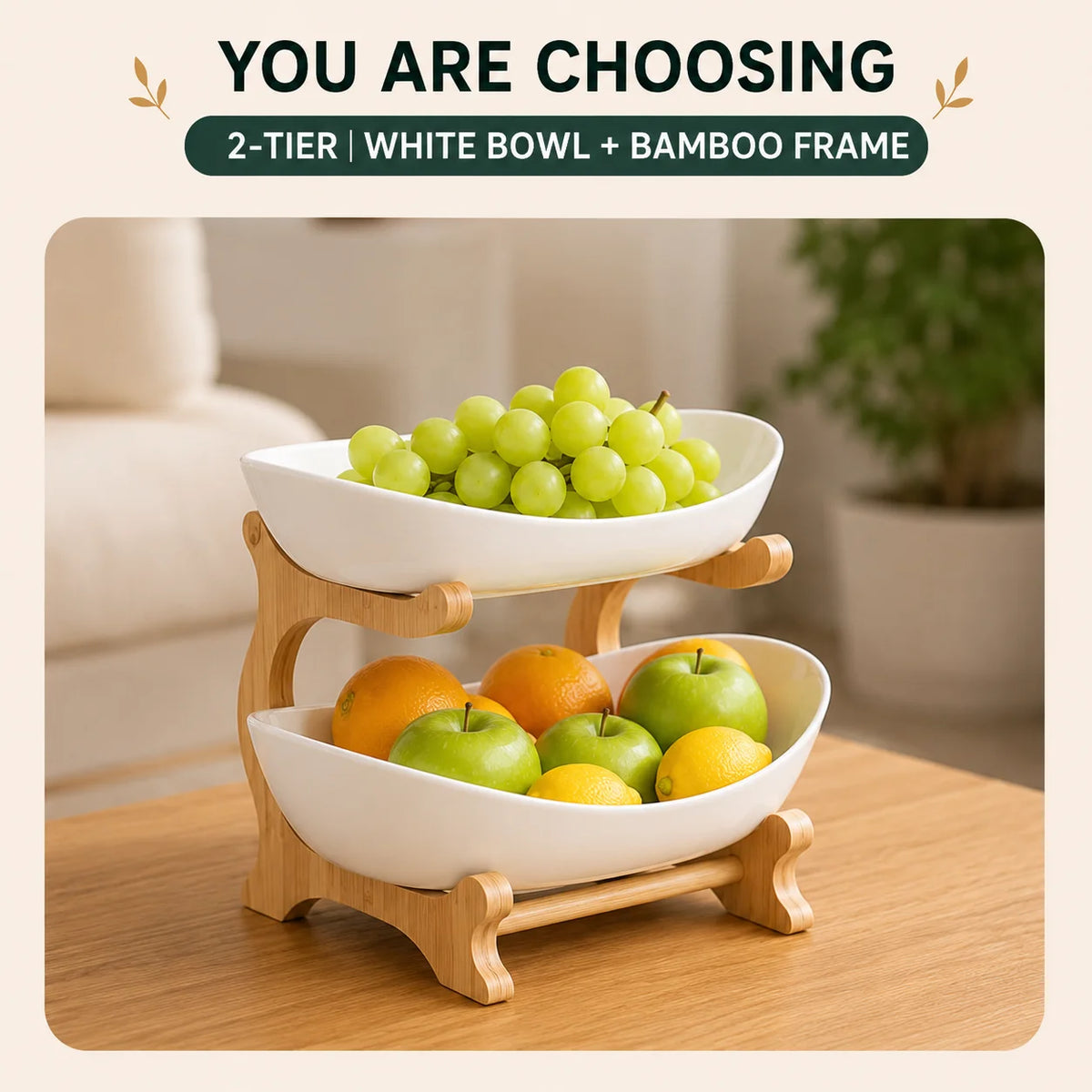 Bamboo-Frame Tiered Fruit Stand with PP Bowls