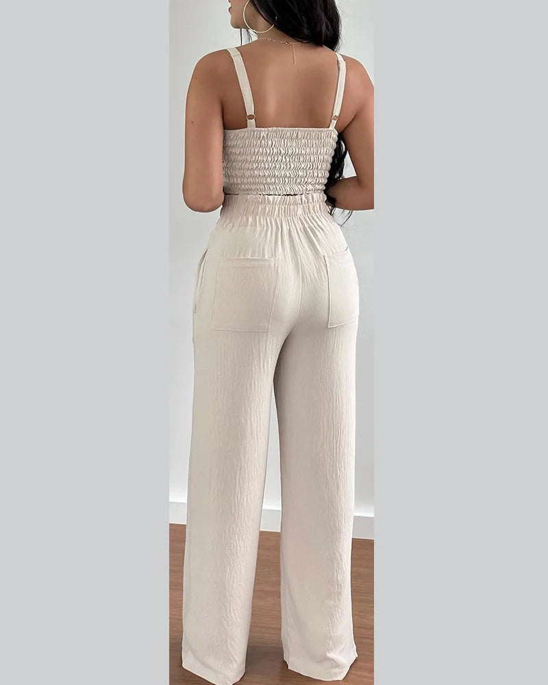 Women's Printed V-Neck Halter Top and Wide-Leg Pants Set